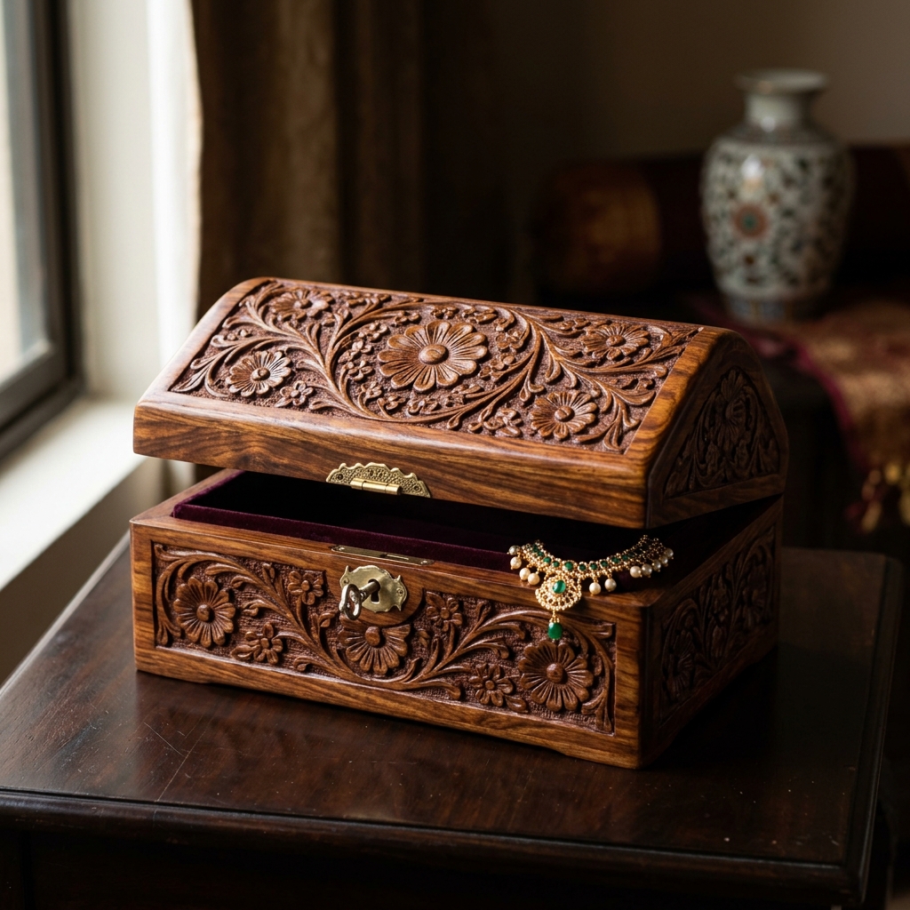 Hand-carved Sheesham Wood Jewelry Box